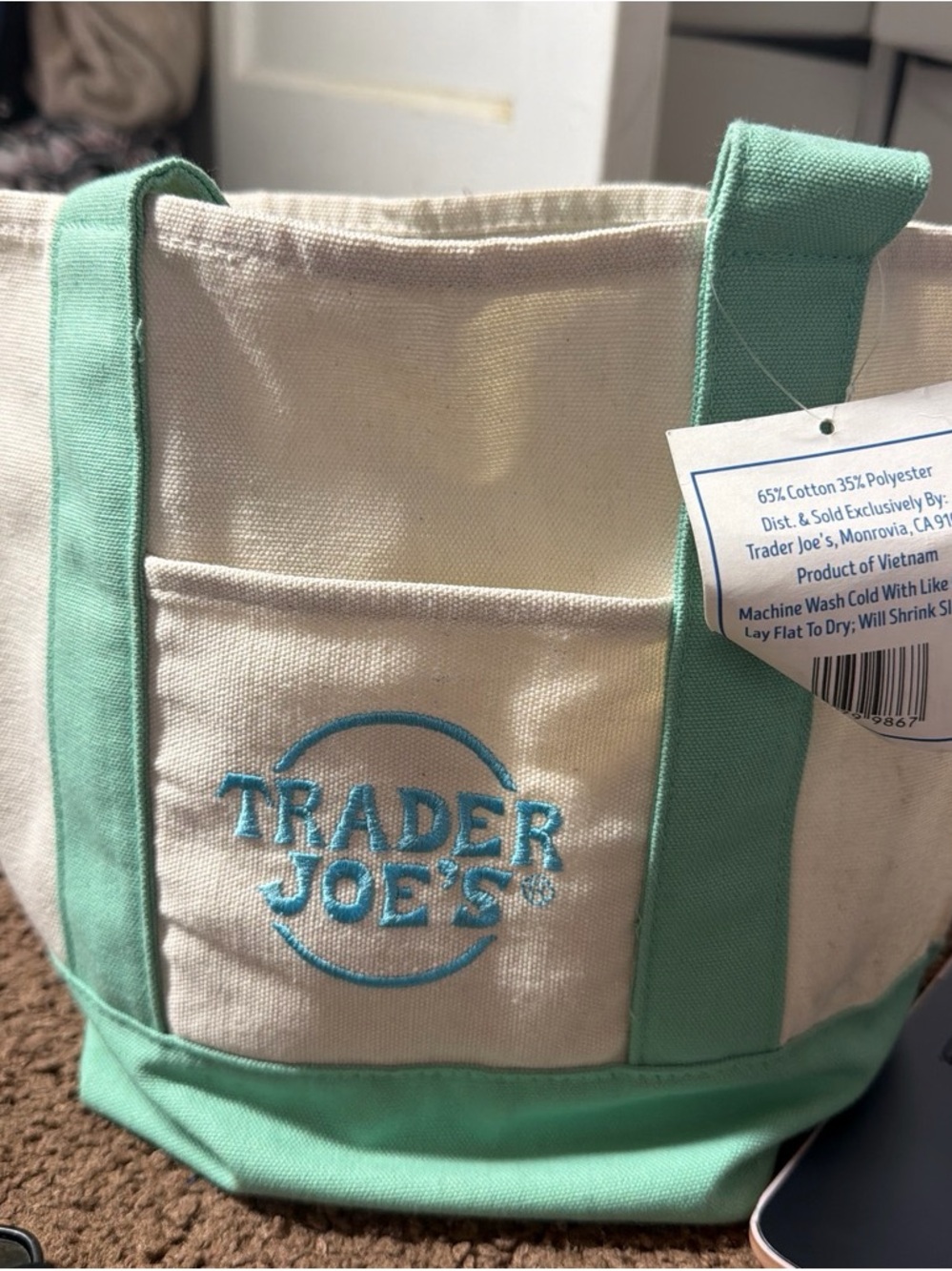 Trader Joe's Cream and Mint Green Canvas Tote